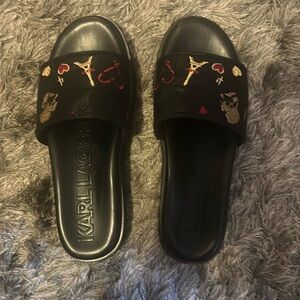 Barely worn- black platform Karl Lagerfeld slides with hearts